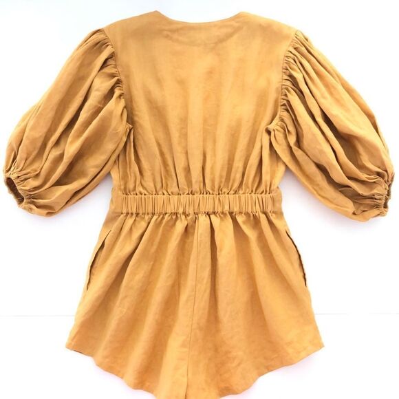REVOLVE SWF Linen Romper Puff Sleeve V-Neck in Desert Gold NWT Feminine - Picture 5 of 8